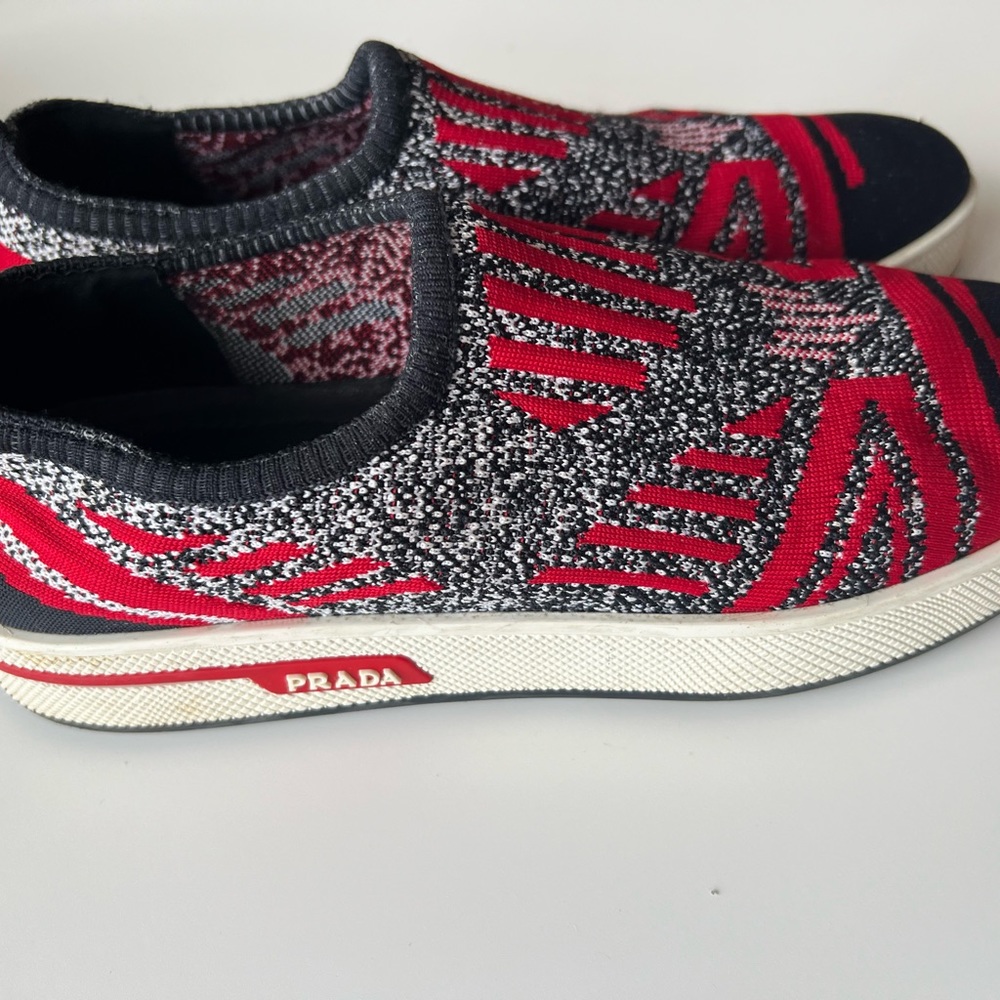 Prada Women's Red and Black Knit Slip-On Sneakers - Picture 7 of 8